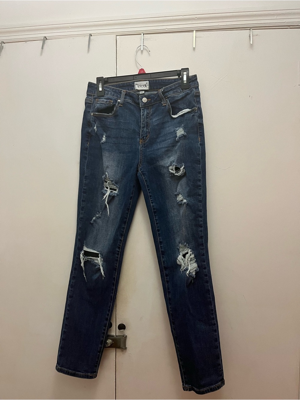 Distressed Dark Blue Straight Leg Jeans